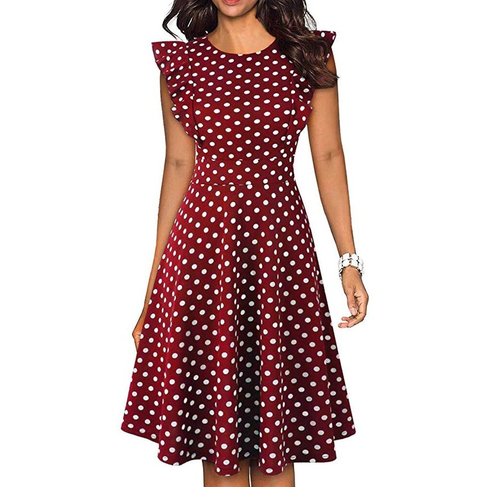 NEW!! Women Size 8 Vintage Dot Printed Ruffle Sleeveless Dress